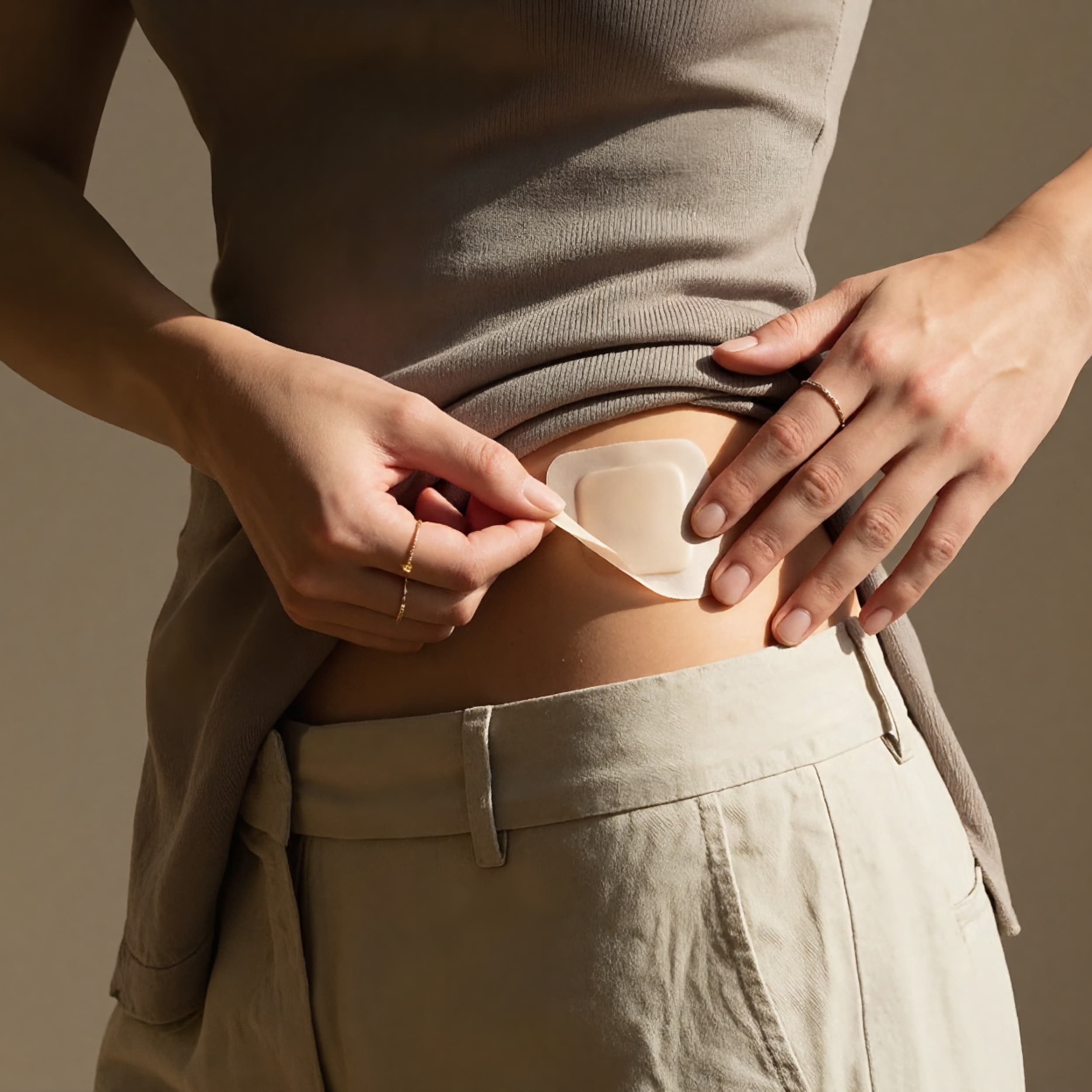 A person placing a patch on their hip